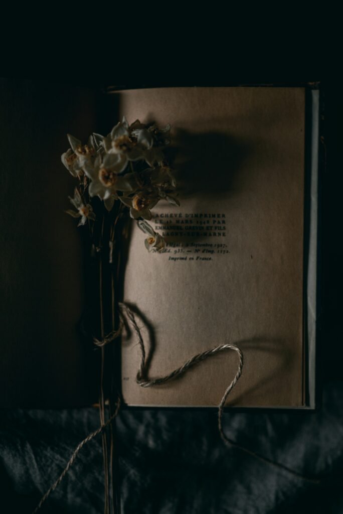 Dark book with dried flowers