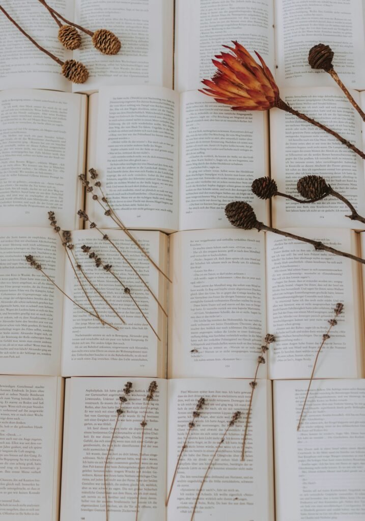Dried flowers on book pages